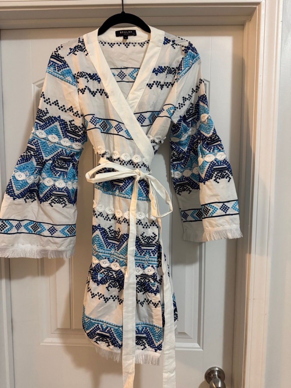 Sezane Ivory Wrap Dress with Blue Embroidery